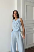 DEGAJE YAKA KOLSUZ BLUZ - PANTOLON TAKIM - Mavi resmi